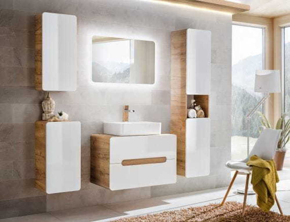 Stylefy Aruna SET 60 cm  UNIVERSAL Badezimmerset Weiß Hochglanz | Eiche