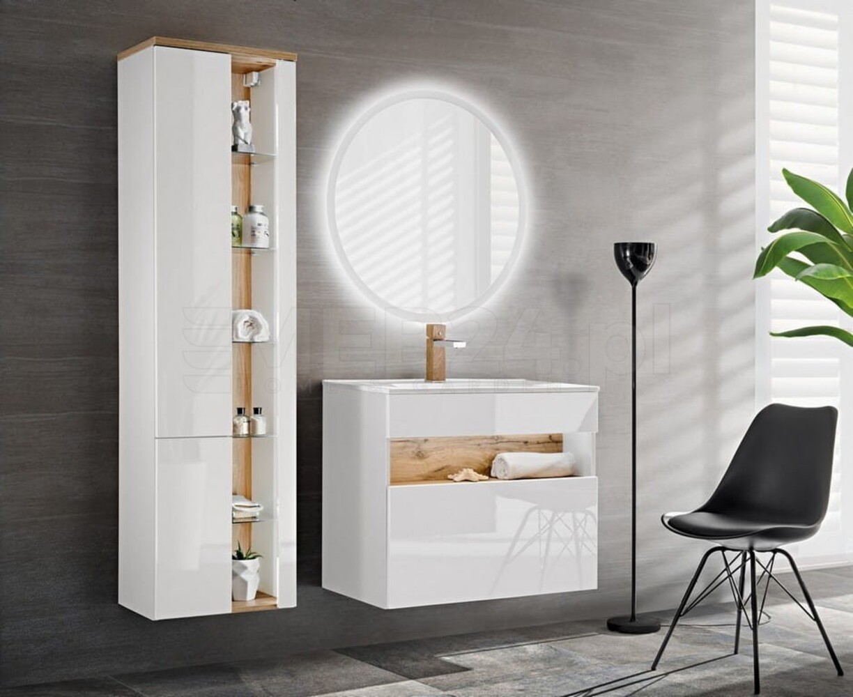 Stylefy Banama WHITE SET 60 cm Badezimmerset Weiß Hochglanz | Wotan Eiche