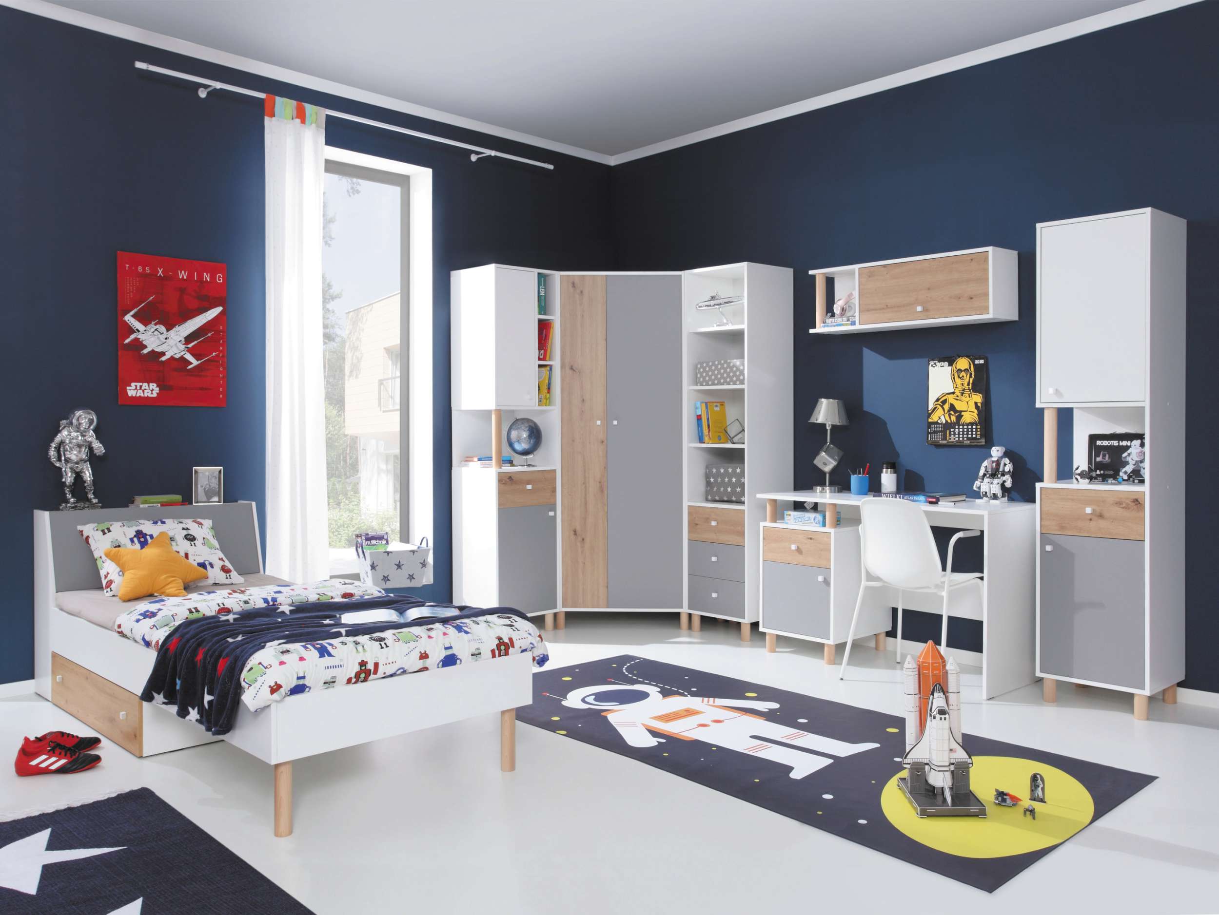 Stylefy Donna Kinderzimmer-Set II Weiß Hochglanz Eiche Artisan Hochglanz Grau