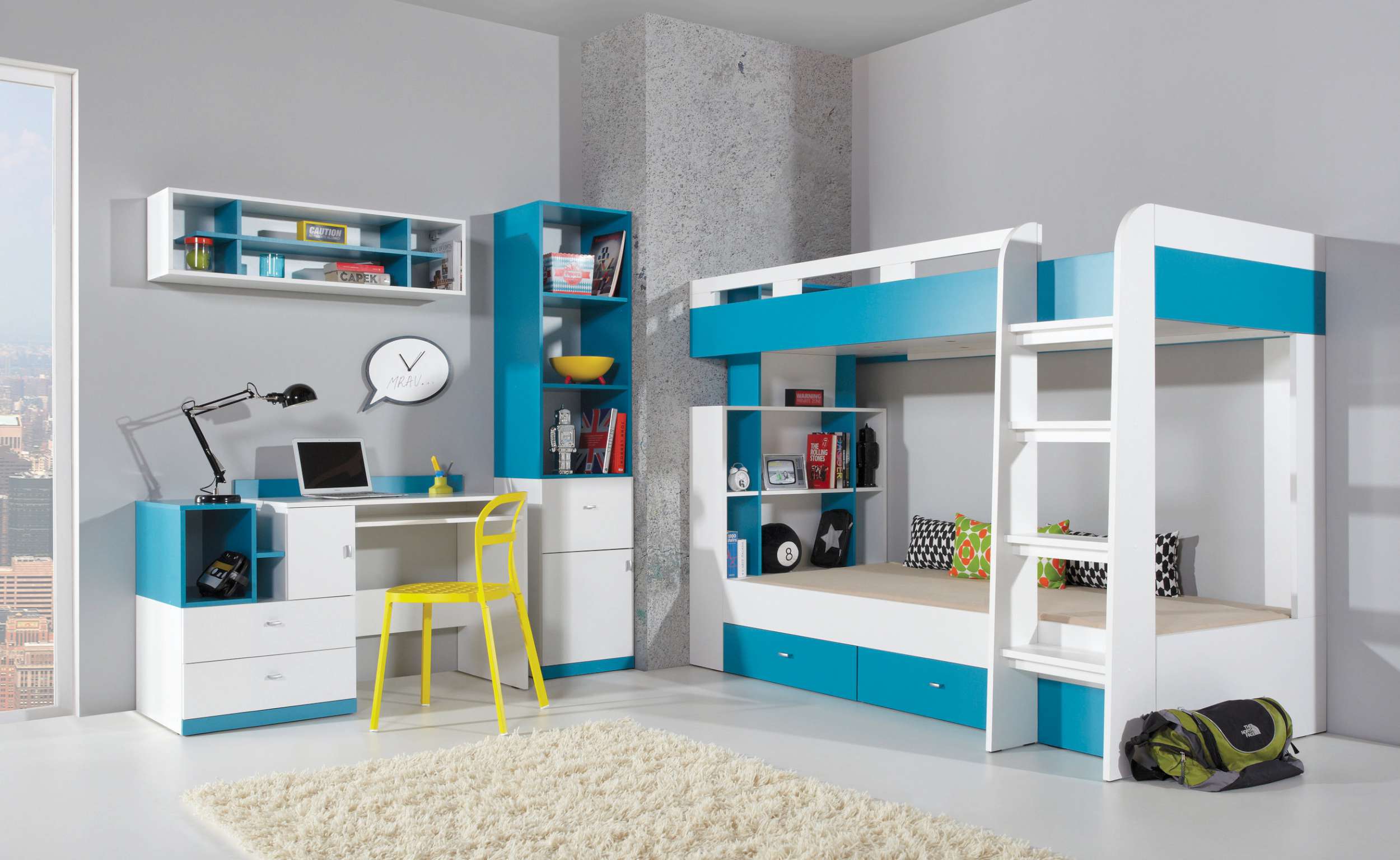 Stylefy Bond Kinderzimmer-Set II Weiß Hochglanz Türkis