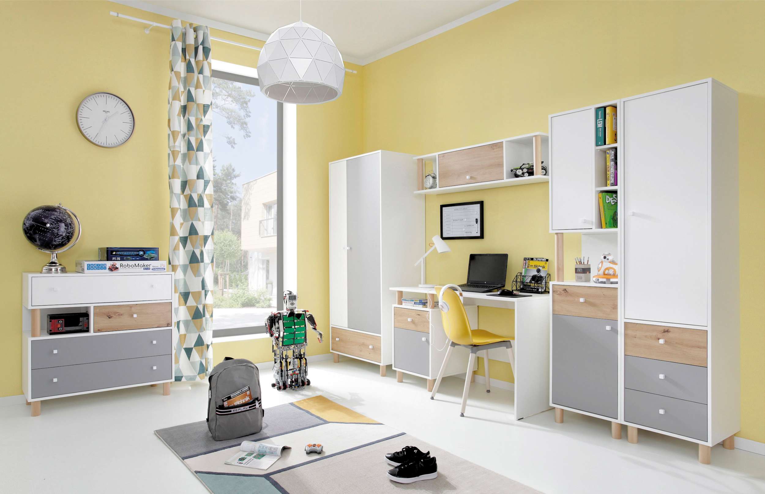 Stylefy Donna Kinderzimmer-Set III Weiß Hochglanz Eiche Artisan Hochglanz Grau