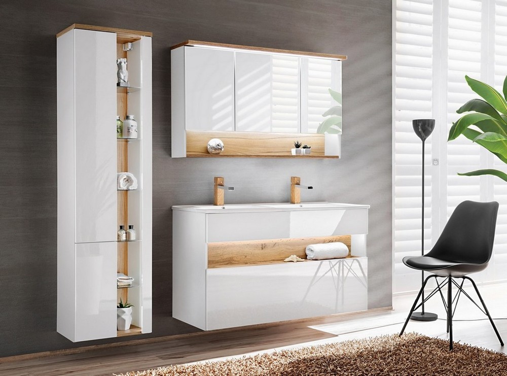 Stylefy Banama I WHITE SET 120 cm Badezimmerset Weiß Hochglanz | Wotan Eiche