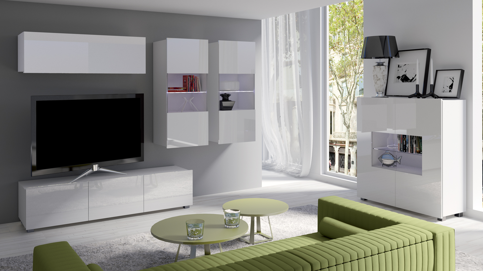 Stylefy Bietula Wohnzimmerset Weiß Hochglanz ohne LED-Beleuchtung