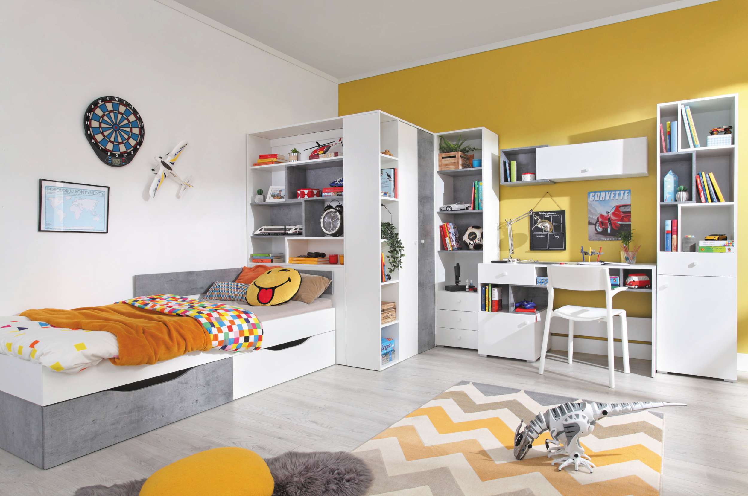 Stylefy Lendon Kinderzimmer-Set III Weiß Hochglanz Beton