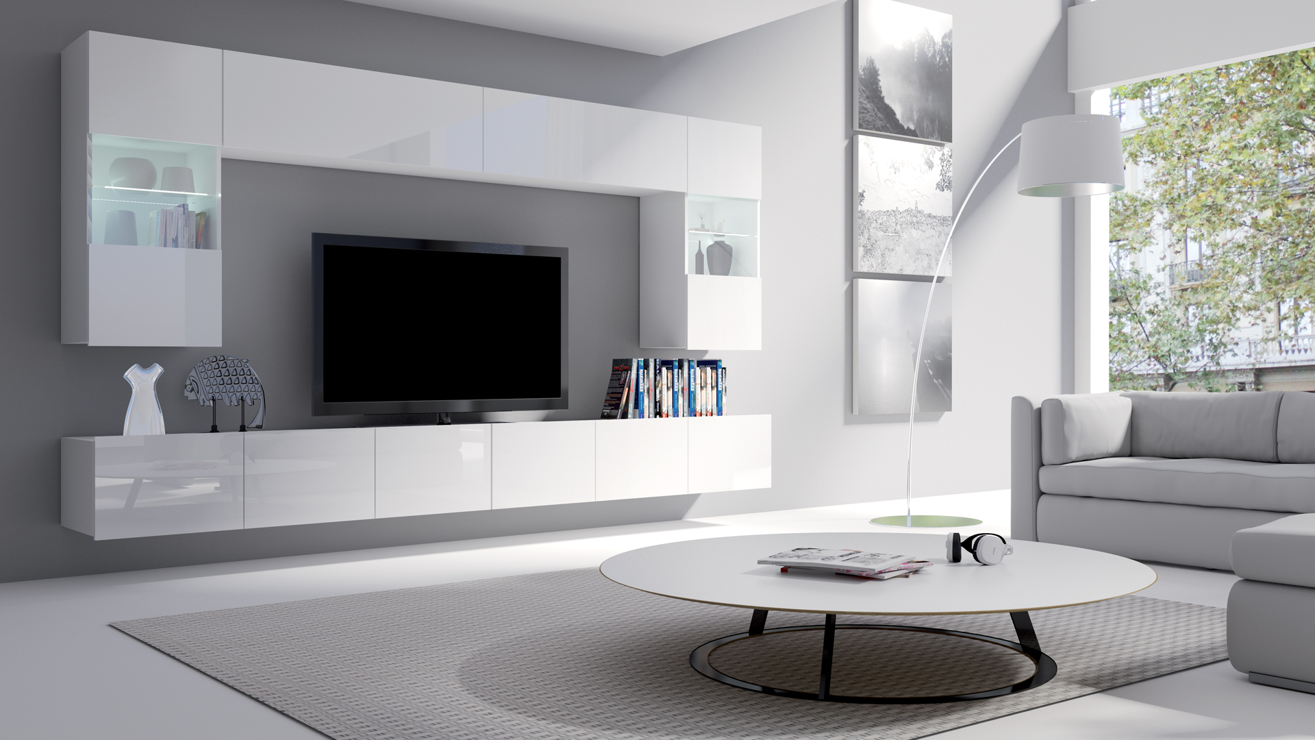 Stylefy Bietula Wohnwand I Weiß Hochglanz mit LED-Beleuchtung