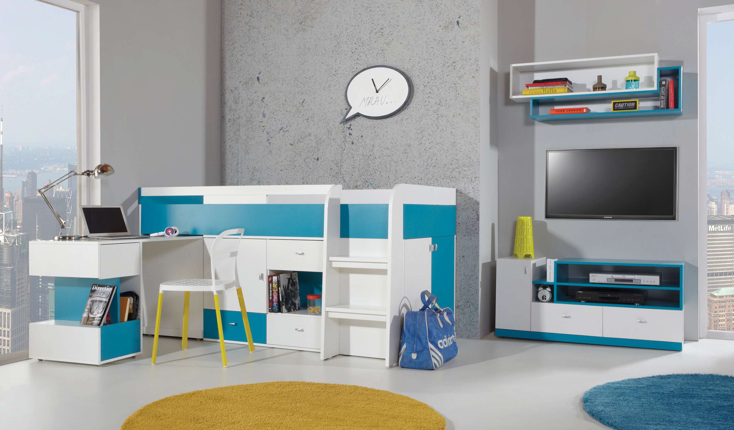 Stylefy Bond Kinderzimmer-Set IV Weiß Hochglanz Türkis