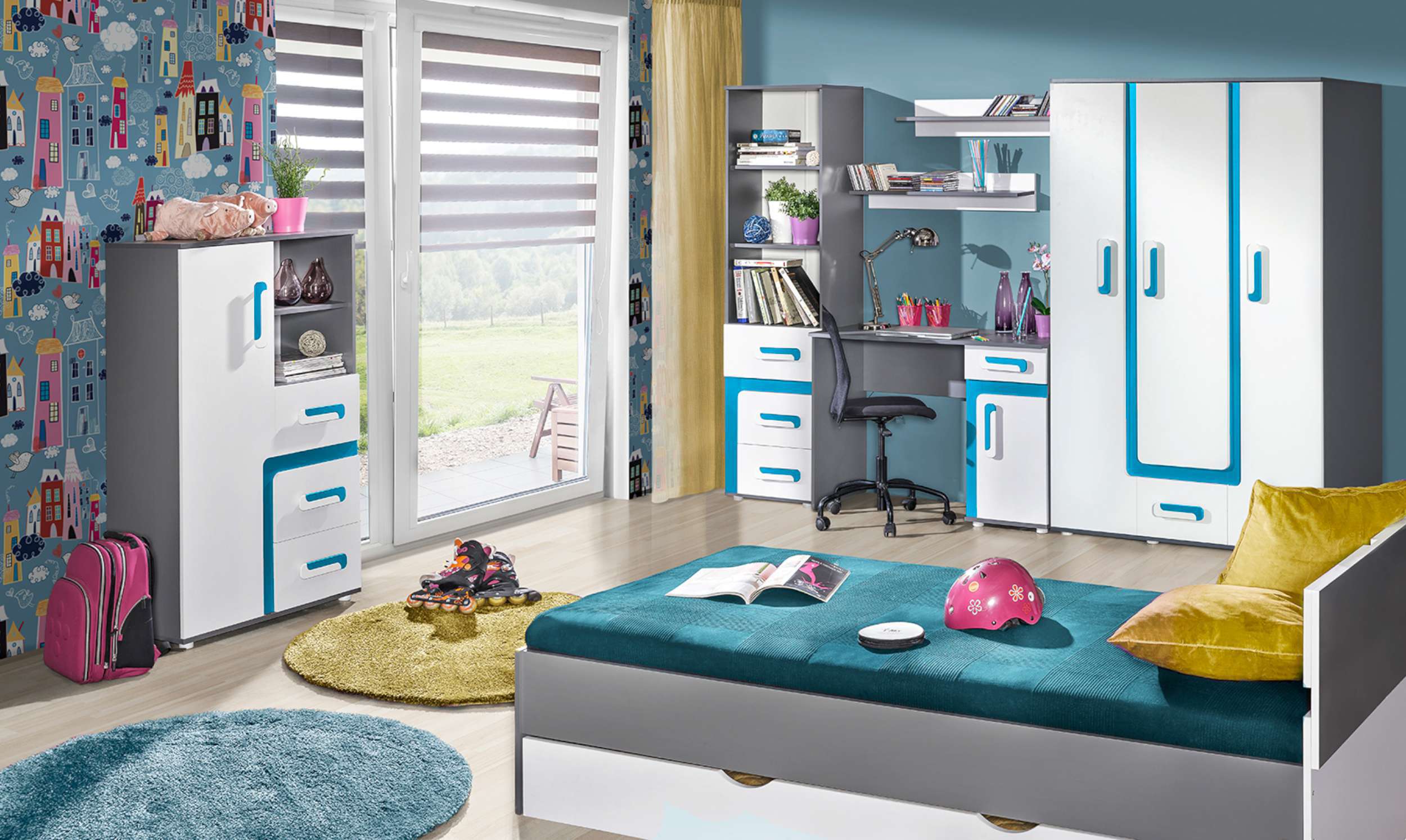 Stylefy Avino Kinderzimmer-Set VI Weiß Anthrazit Türkis